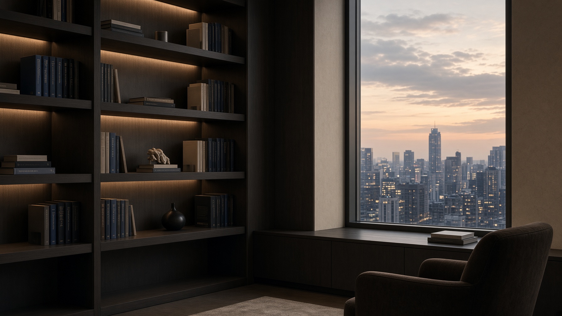 Quiet office library looking out over a city at dusk