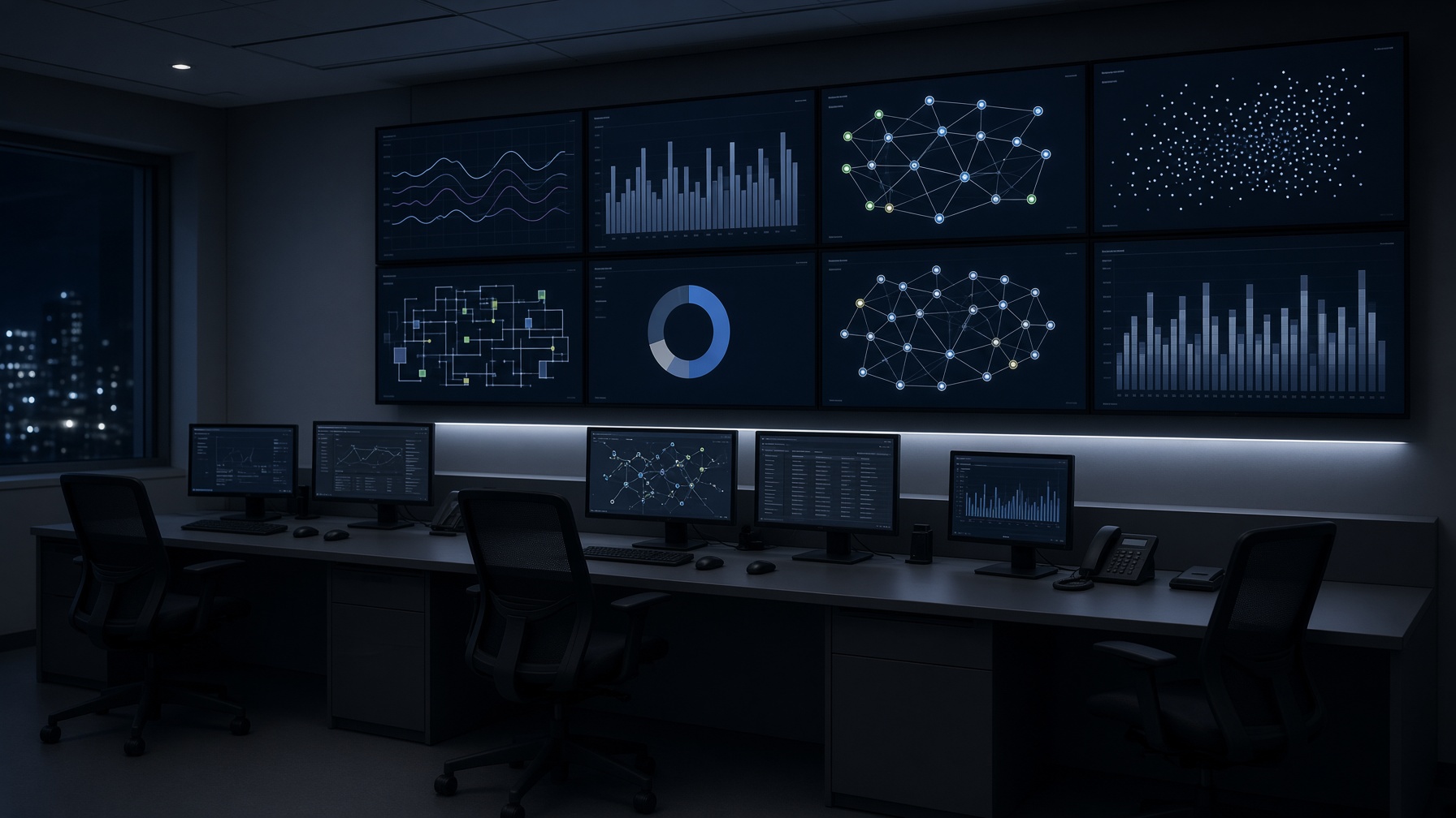 Nighttime clinical operations center with a wall of workflow monitors