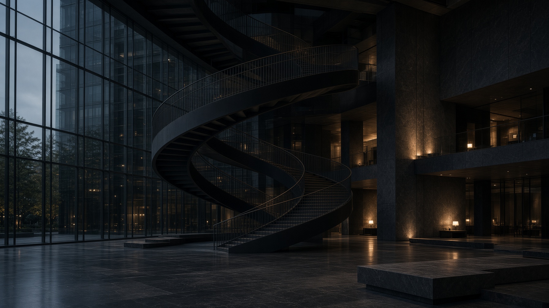 Glass atrium with a helical staircase at dusk